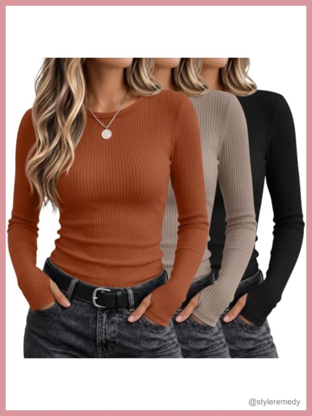 Ribbed Long Sleeve Tops with Thumb Holes Slim Fit Cotton Blend
